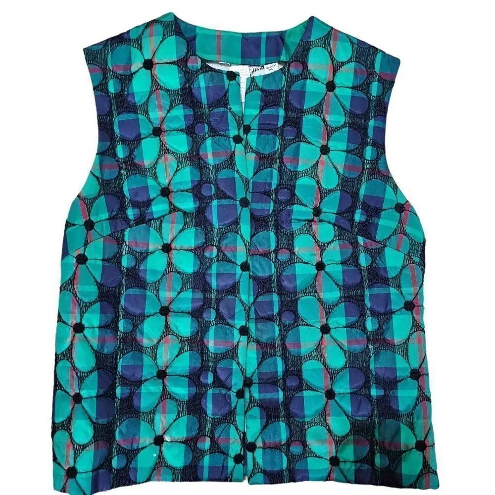 Vintage 70s Vest Womens Size M Green Flower Quilted Polyester Open Front